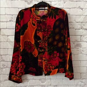 Chico's Red & Orange Floral Velvet Mandarin Button-Front Jacket